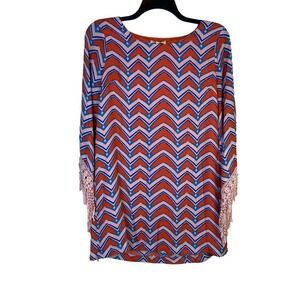 Umgee Size Med Boomerang Knee Length Dress Orange‎ Blue Fringe Trim Split Sleeve